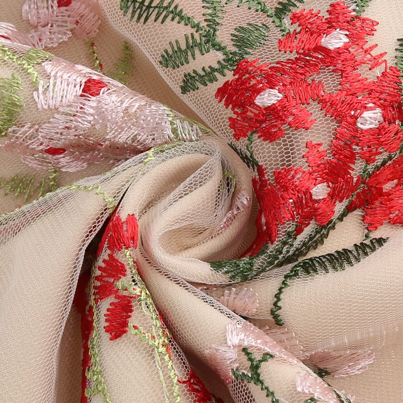IWEMEK Plunge V Neck Floral Embroidery Dress for Women Embellished Illusion Neckline Sleeveless Embroidered Dress Casual A-line Tulle Flower Prom Dress 50s Vintage Cocktail Party Dress Apricot+Red Flower L - Image 2