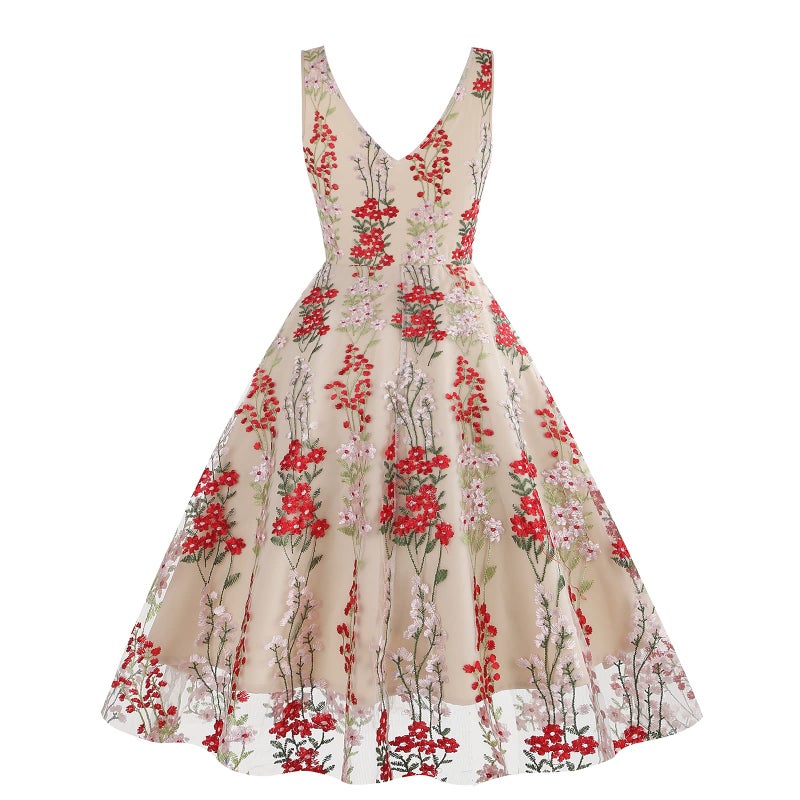 IWEMEK Plunge V Neck Floral Embroidery Dress for Women Embellished Illusion Neckline Sleeveless Embroidered Dress Casual A-line Tulle Flower Prom Dress 50s Vintage Cocktail Party Dress Apricot+Red Flower L - Image 4