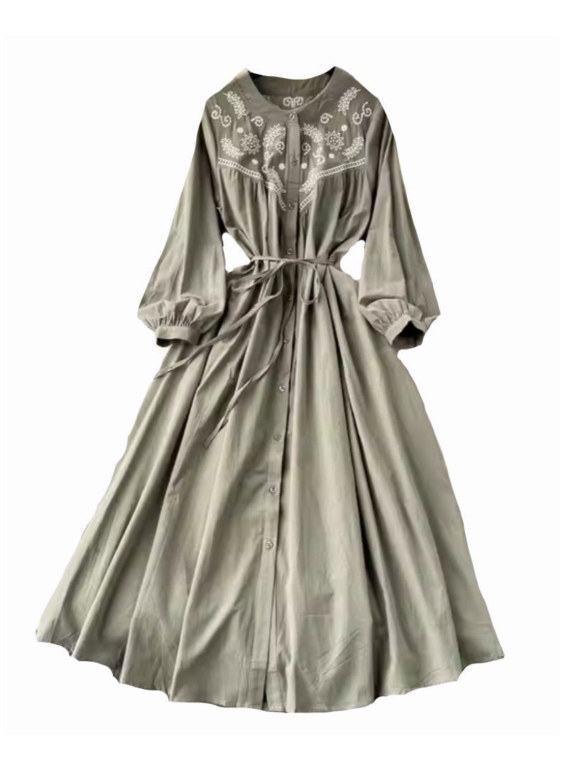 SOLOBUY Cotton Dress With Embroidery, Buttons,With Pockets, Length Midi, Sleeves Long, Color Khaki - Image 1