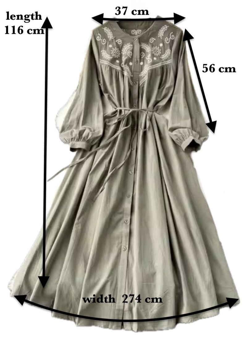 SOLOBUY Cotton Dress With Embroidery, Buttons,With Pockets, Length Midi, Sleeves Long, Color Khaki - Image 5
