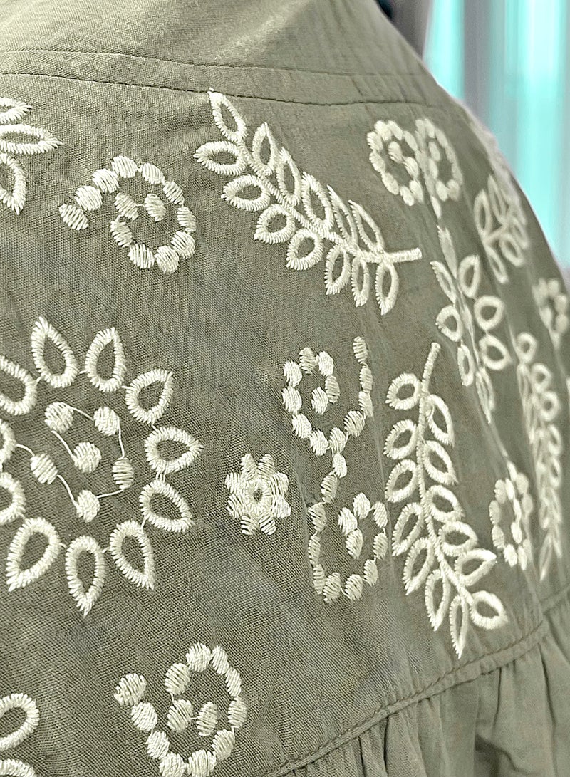 SOLOBUY Cotton Dress With Embroidery, Buttons,With Pockets, Length Midi, Sleeves Long, Color Khaki - Image 4