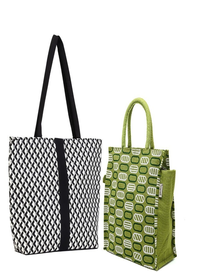 ENSAC حقيبة كتف أنيقة ومريحة من إنساك للنساء والفتيات (عبوة من قطعتين) (HANDY-23cBLKWHT-SHAPE-03cGRN-02) - Image 1