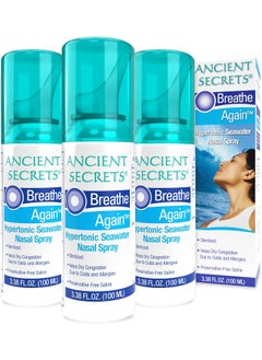 ANCIENT SECRETS ANCIENT SECRETS Saline Nasal Spray - Breath Again Hypertonic Seawater Nasal Spray, Allergy & Sinus Relief, Nasal Congestion Moisturizer, 3.38 Fl Oz (Pack of 3) 