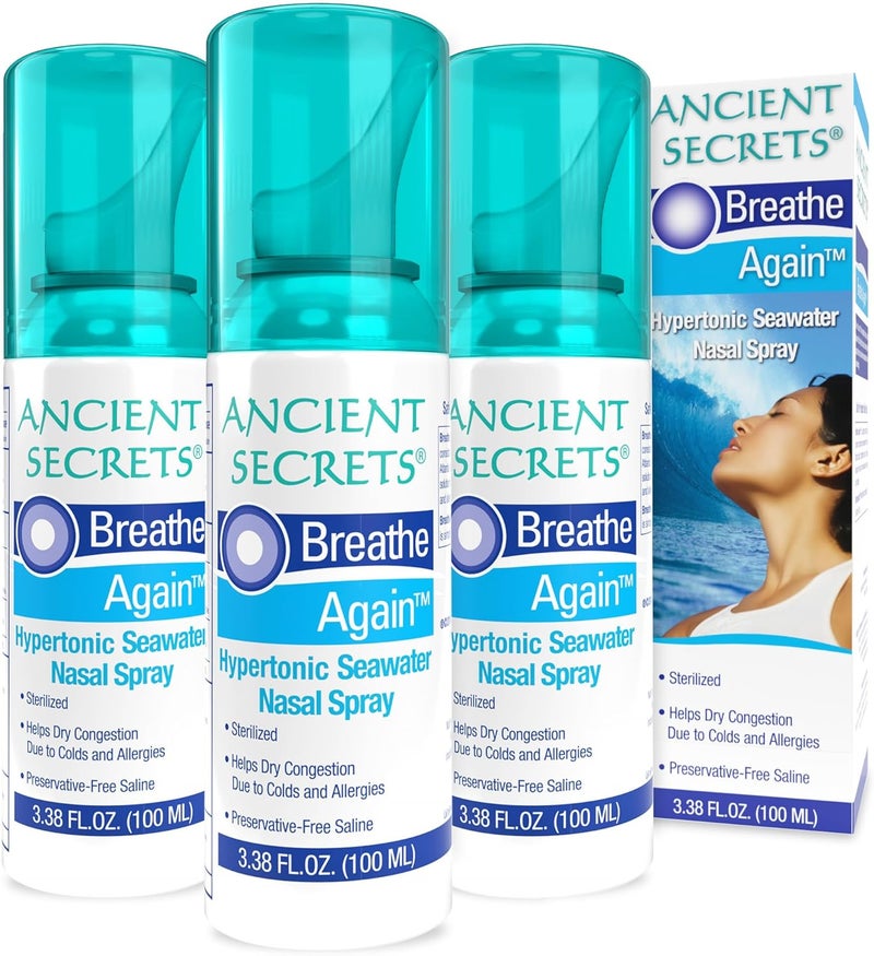 ANCIENT SECRETS ANCIENT SECRETS Saline Nasal Spray - Breath Again Hypertonic Seawater Nasal Spray, Allergy & Sinus Relief, Nasal Congestion Moisturizer, 3.38 Fl Oz (Pack of 3) 