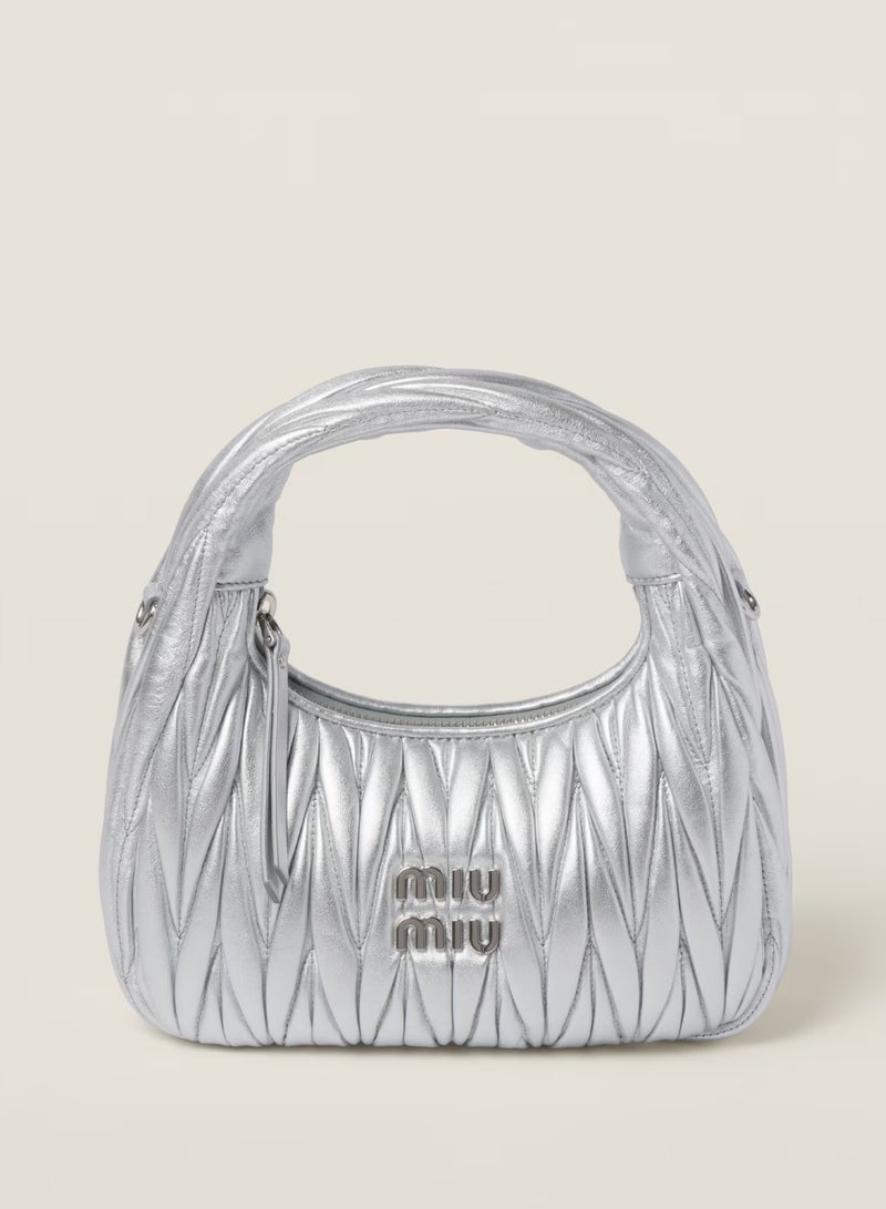 مياو مياو حقيبة هوبو من جلد النابا المبطن من MIU Wander، حقيبة توت نسائية، حقيبة كروس نسائية، حقيبة يد نسائية، حقيبة كتف نسائية، حقيبة سفر نسائية، فضية - Image 1