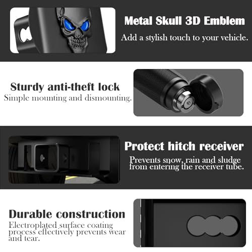 OGYE Metal Skull 3D Emblem Hitch Cover Fits 2" Receivers(with 5/8" Pin Dia Anti-Theft Trailer Hitch Lock,Blue Eye) - Image 3