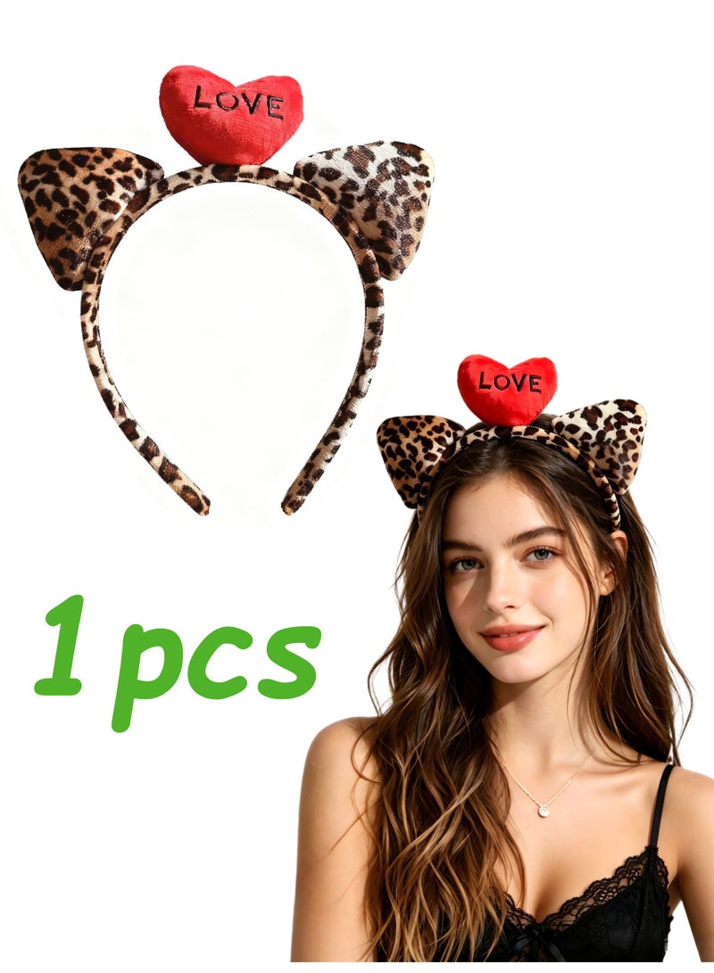 Valentine's Day Leopard Print Cat Ear Headband Hairband Hair Accessories Gift For Date Dinner Party Supplies - Image 1