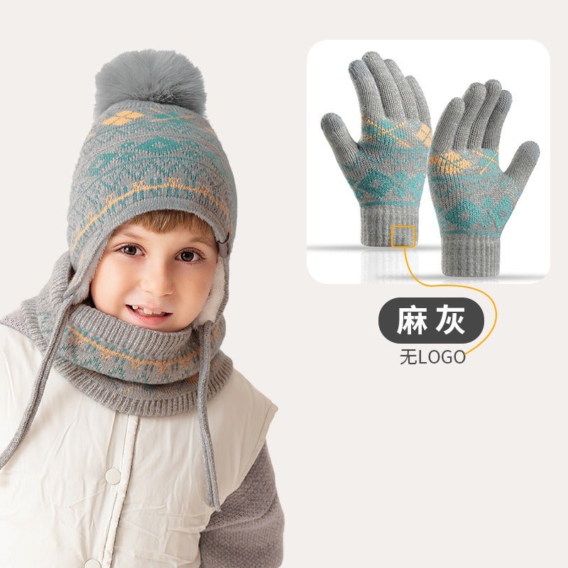 Dai Hui Jia Fair Isle Kids Winter Hat Scarf Gloves 3-Piece Set - Acrylic Knit Earflap Beanie for Boys Girls - Image 1