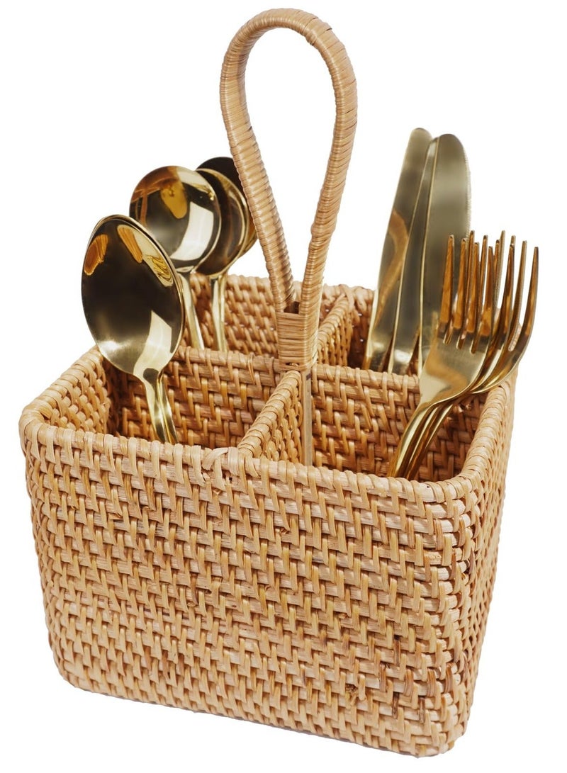 XiuWoo Rustic Rattan Utensil Holder with 4 Compartments, Woven Flatware Caddy, Silverware Organizer for Kitchen, Parties, Picnics, and Camping, Easy Storage Design - Image 1