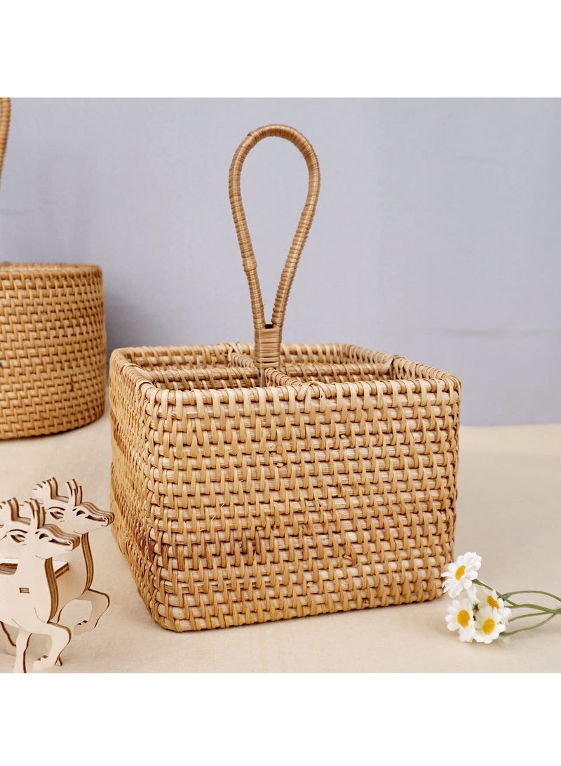 XiuWoo Rustic Rattan Utensil Holder with 4 Compartments, Woven Flatware Caddy, Silverware Organizer for Kitchen, Parties, Picnics, and Camping, Easy Storage Design - Image 2