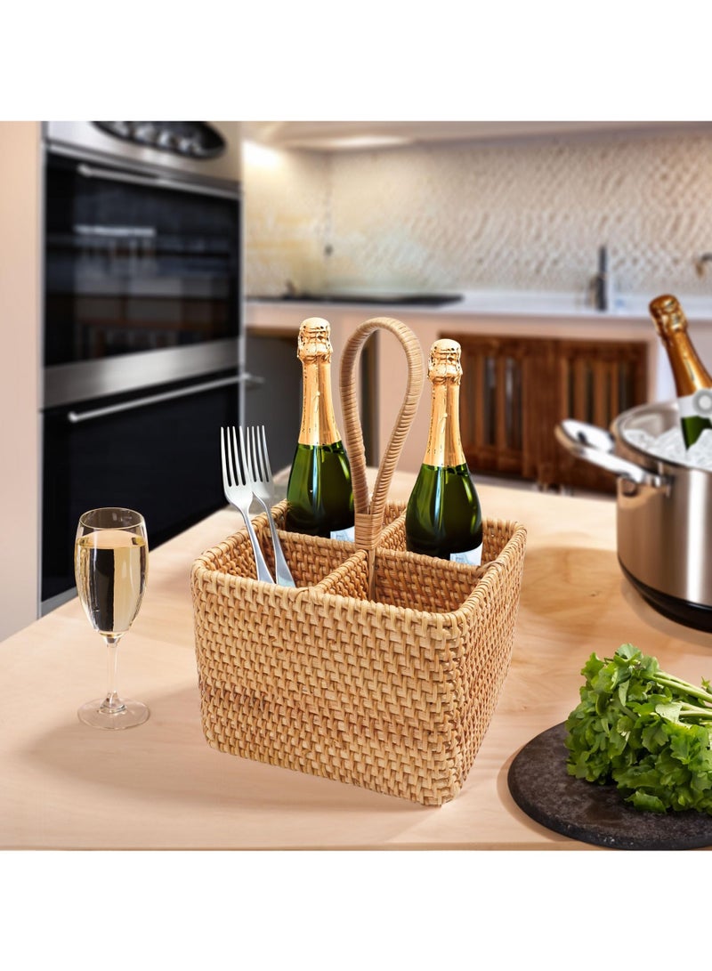 XiuWoo Rustic Rattan Utensil Holder with 4 Compartments, Woven Flatware Caddy, Silverware Organizer for Kitchen, Parties, Picnics, and Camping, Easy Storage Design - Image 3