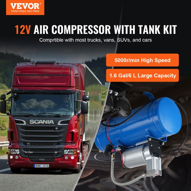 VEVOR 12V Air Compressor with 1.6 Gallon Tank, Train Horn Compressor, 120 psi Working Pressure, Inflating Tires, Air Mattresses - Image 2