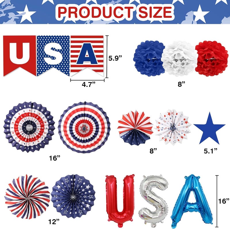 Ainiel 4th of July Decorations, Red White Blue Paper Fans, Patriotic Designs - Image 3