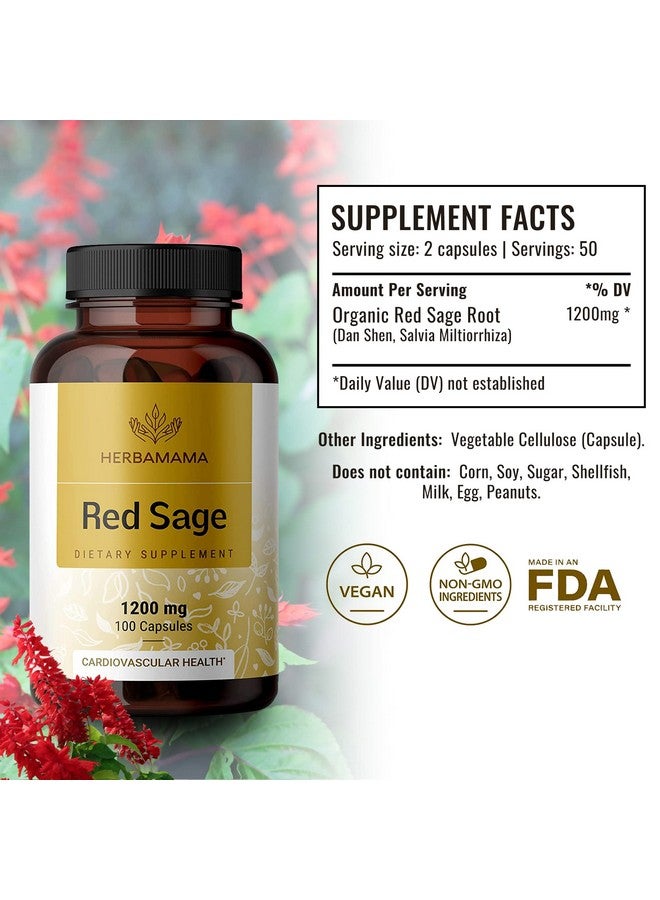 HERBAMAMA Red Sage Capsules Organic Dan Shen Root Powder Supplement Salvia Miltiorrhiza Pills 1200Mg 100 Vegetarian Caps - Image 3