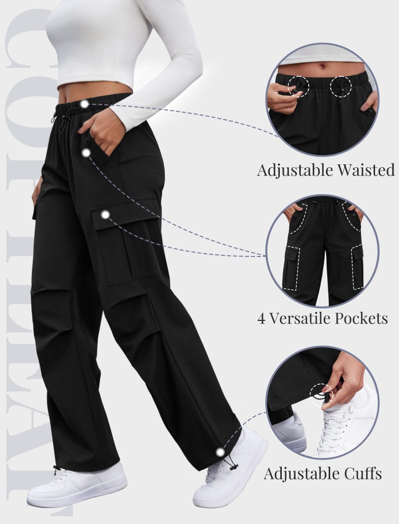 COPYLEAF Cargo Pants Women Elastic Waisted Parachute Hiking Pants with Pockets Water Resistant Lightweight Baggy Pants(Black S) - Image 5