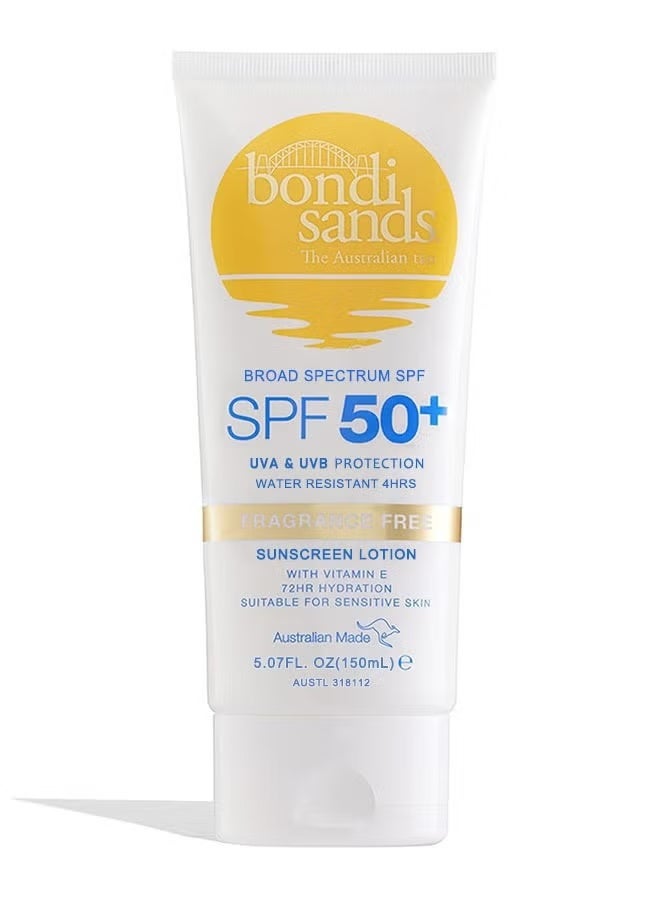 بوندي ساندز واقي شمس مقاوم للماء SPF 50+ حماية من UVA و UVB سعة 150 مل، خالٍ من العطر مع فيتامين E، كريم شمس ترطيب 72 ساعة مناسب للبشرة الحساسة - Image 1