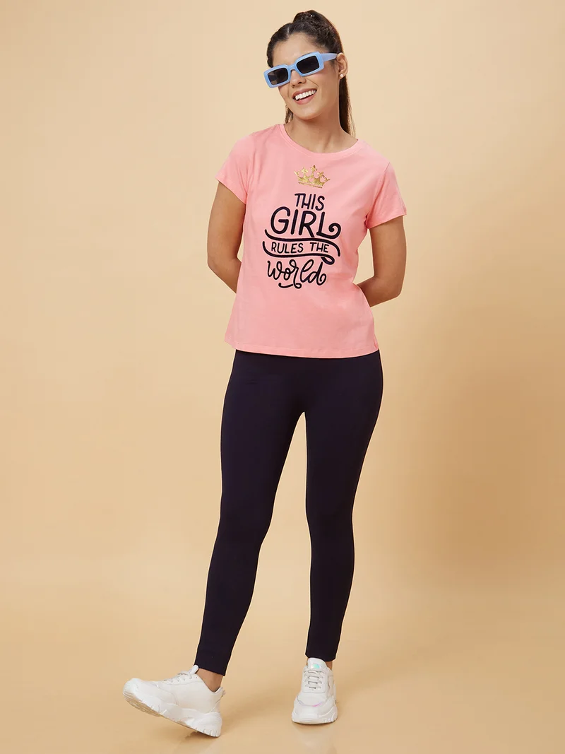Women Pink Typography Round Neck Pure Cotton T-Shirt