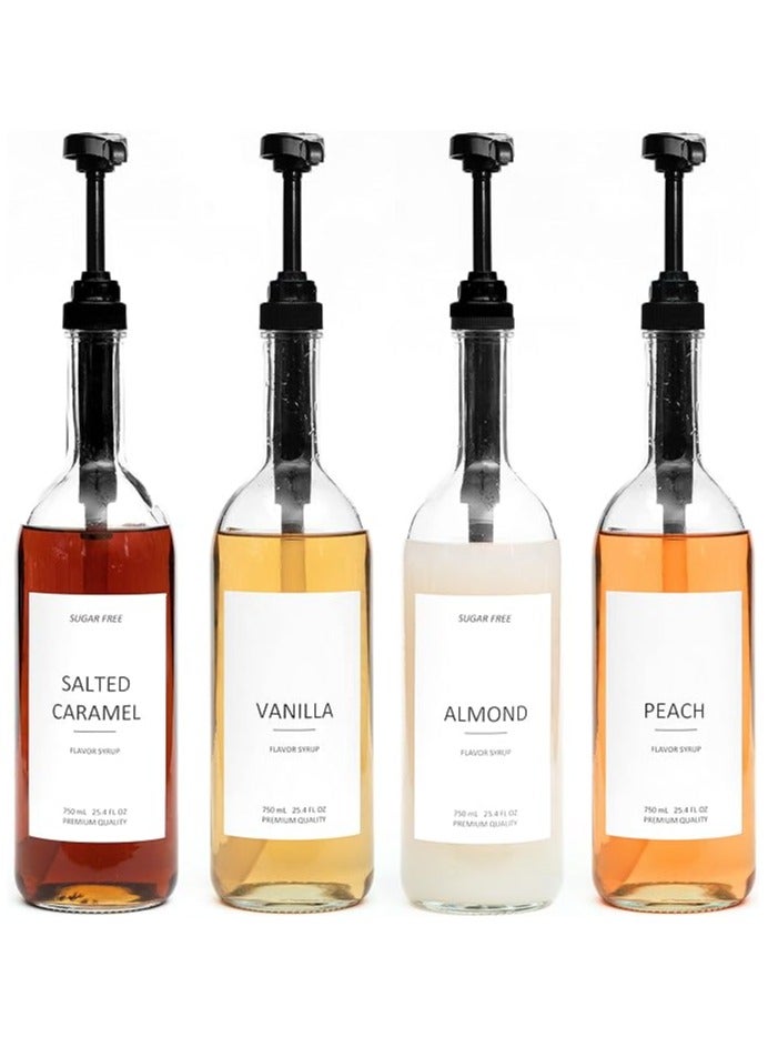 pump Glass Coffee Syrup Dispenser 25.4 oz 750 ml for Coffee Bar - 4 Bottles with Labels Included - Image 1