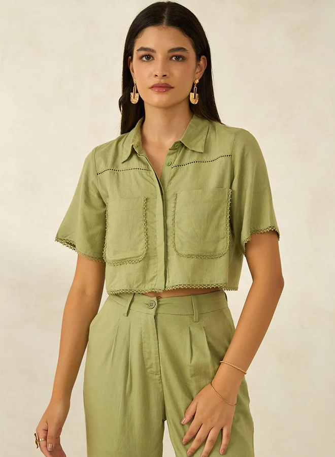 Virgio VIRGIO Linen Printed Cropped Boxy Fit Lace Shirt