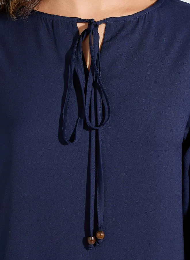 Styli Tie-Up Neck Jalabiya with Cuffed Sleeves