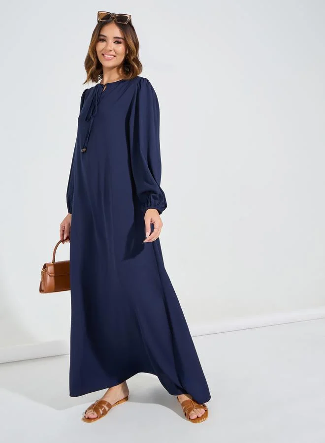 Styli Tie-Up Neck Jalabiya with Cuffed Sleeves