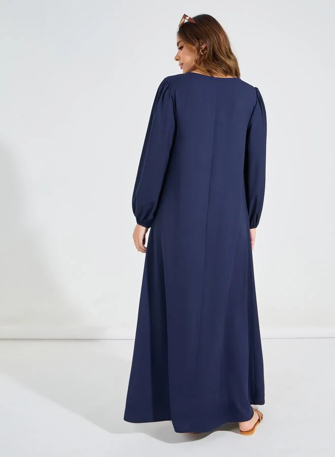 Styli Tie-Up Neck Jalabiya with Cuffed Sleeves