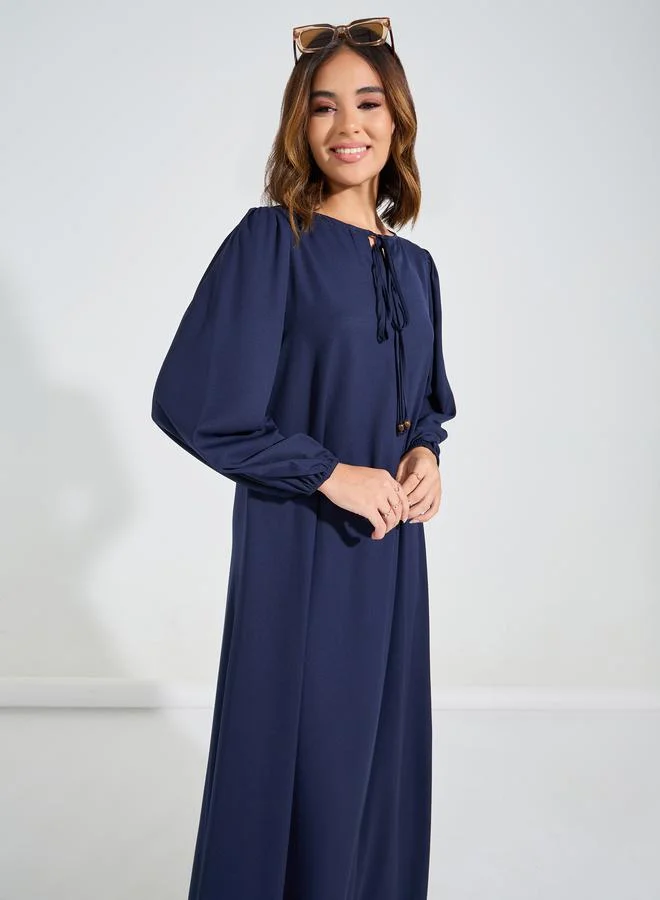 Styli Tie-Up Neck Jalabiya with Cuffed Sleeves