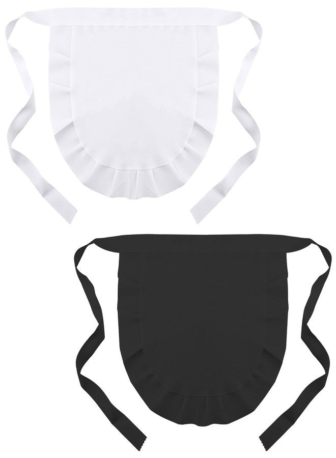 Pretwad 2 pcs White & Black Women Kitchen Waist Maid Apron - Cosplay Waist Apron, Cooking French Retro Waitress Half Aprons, Puffy Pleated Half Aprons for Restaurant Dress Costumes Halloween Anime Convention - Image 1
