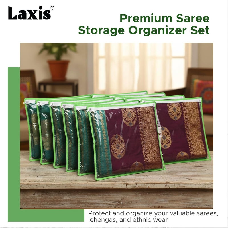 LAXIS غلاف ساري LAXIS غير المنسوج المطبوع، حقيبة ساري عبوة من 10 قطع، أغلفة ساري شفافة بسحاب، أغلفة ساري للتخزين، منظف خزانة، مقاس 36x42x2 سم (أخضر) - Image 3