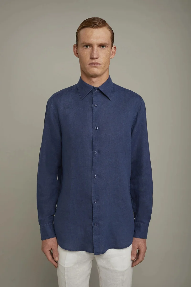 Men's casual shirt classic collar 100% linen comfort fit - Denim