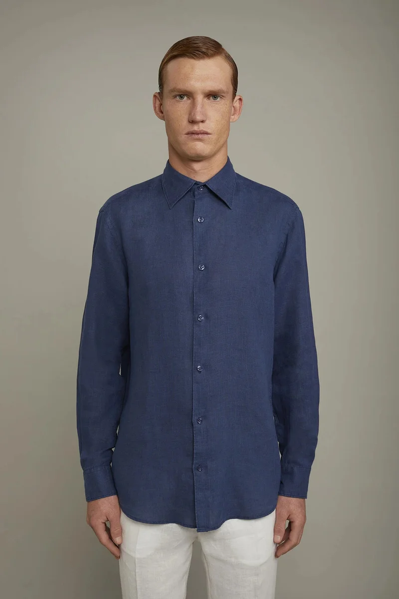 Doppelganger Blue Men's casual shirt classic collar 100% linen comfort fit - Denim for Men | Best Price UAE