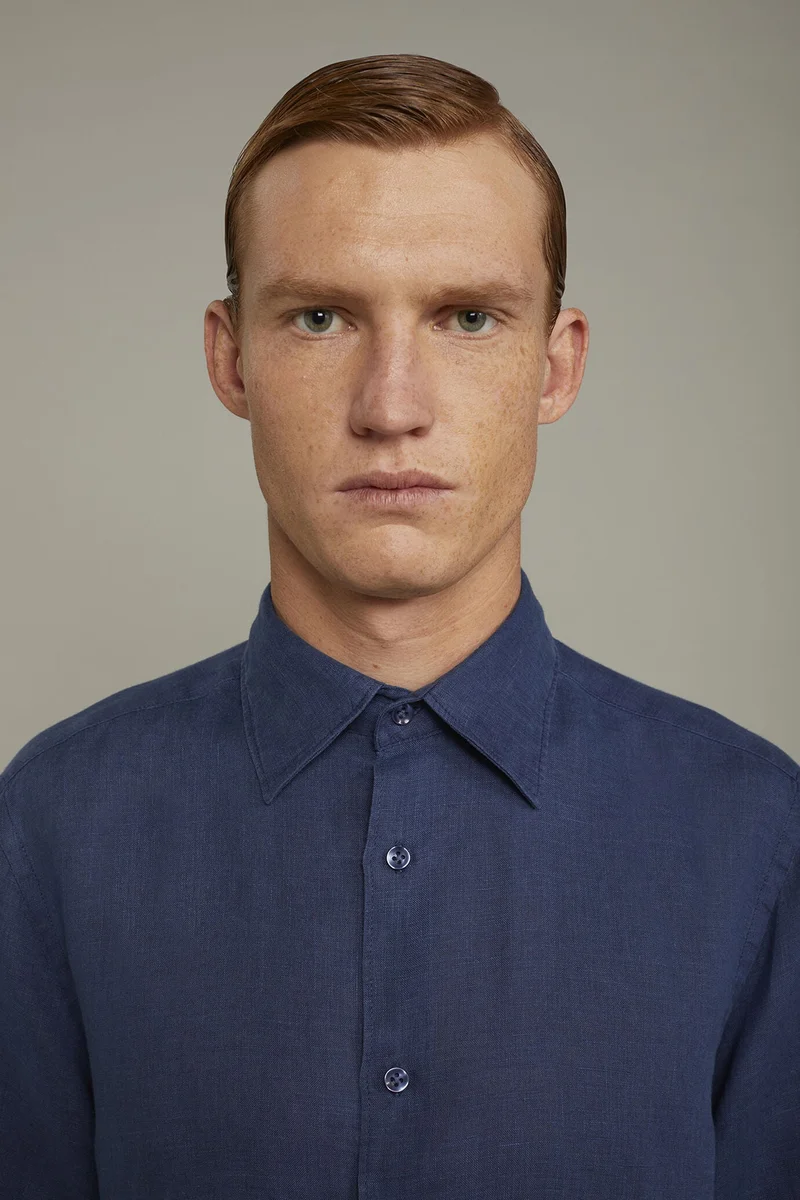 Doppelganger Blue Men's casual shirt classic collar 100% linen comfort fit - Denim for Men | Best Price UAE
