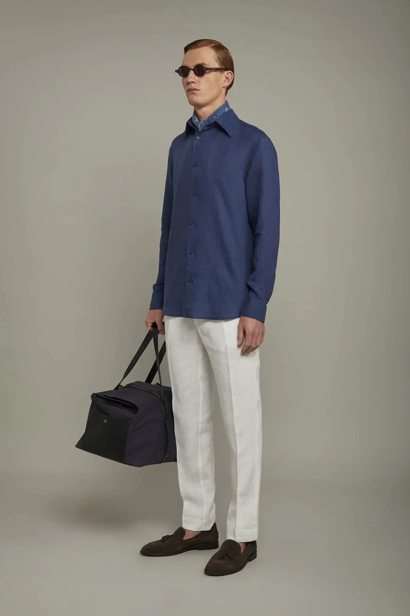 Doppelganger Blue Men's casual shirt classic collar 100% linen comfort fit - Denim for Men | Best Price UAE
