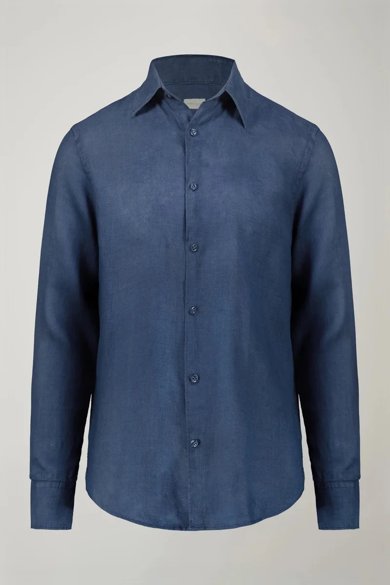 Doppelganger Blue Men's casual shirt classic collar 100% linen comfort fit - Denim for Men | Best Price UAE