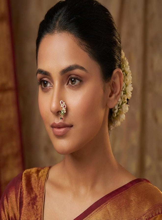 خاتم أنف هندي تقليدي للعرائس من AAIKU - مطلي بالذهب، غير ضاغط، مزين باللؤلؤ، وخرز الكريستال الوردي والأخضر، وتفاصيل من الماس | قاعدة نحاسية - Image 4