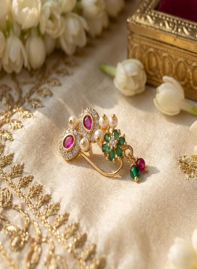 خاتم أنف هندي تقليدي للعرائس من AAIKU - مطلي بالذهب، غير ضاغط، مزين باللؤلؤ، وخرز الكريستال الوردي والأخضر، وتفاصيل من الماس | قاعدة نحاسية - Image 3