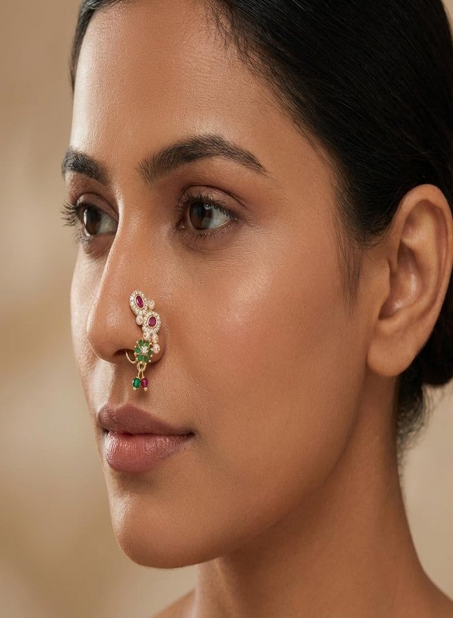 خاتم أنف هندي تقليدي للعرائس من AAIKU - مطلي بالذهب، غير ضاغط، مزين باللؤلؤ، وخرز الكريستال الوردي والأخضر، وتفاصيل من الماس | قاعدة نحاسية - Image 2