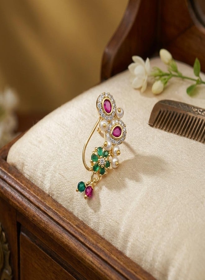 خاتم أنف هندي تقليدي للعرائس من AAIKU - مطلي بالذهب، غير ضاغط، مزين باللؤلؤ، وخرز الكريستال الوردي والأخضر، وتفاصيل من الماس | قاعدة نحاسية - Image 5