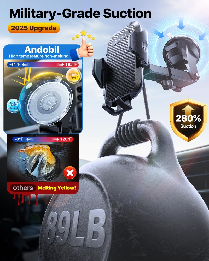 andobil Car Phone Holder, 2025 Military-Grade 89lbs Strongest Suction Phone Holders for Your Car Dashboard/Windshield/Vent Easy Clamp Car Phone Mount Stand for iPhone 17 16 15 14 13 Pro Max Samsung - Image 3