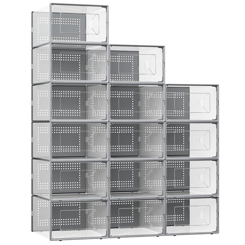 Foluck X-Large Shoe Storage Box, 15 Pack Clear Plastic Stackable Shoe Organizer for Closet, Interlocking Design Shoe Container Bins for Sneakers, Foldable Shoe Rack with Lids, Gray - Image 1