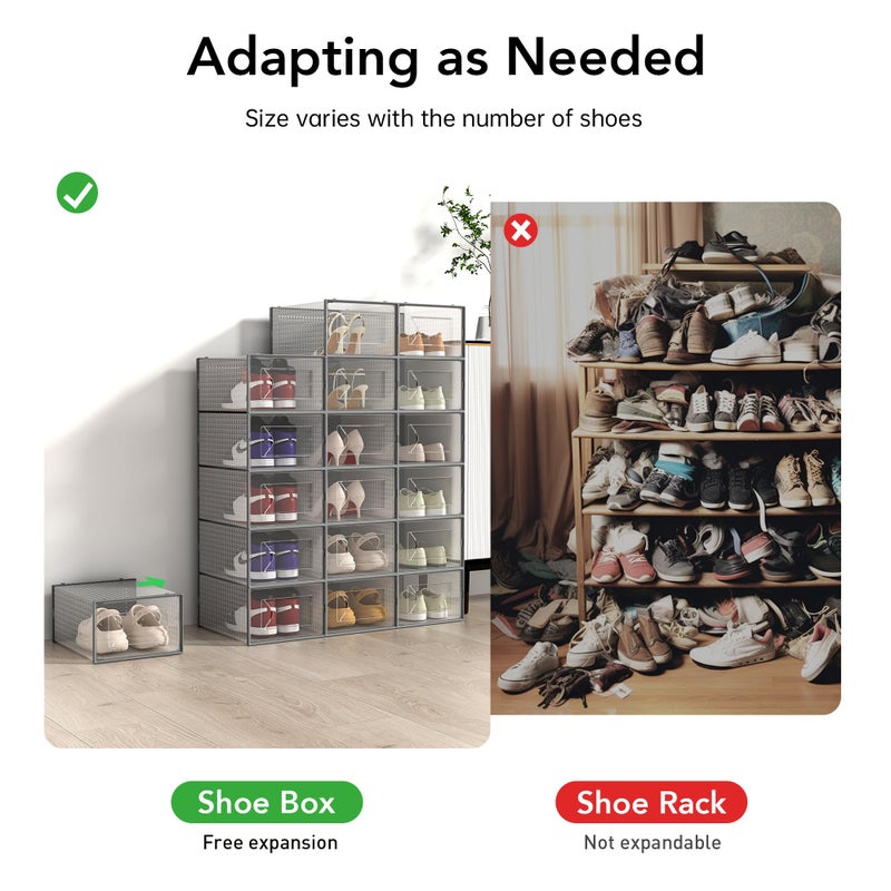 Foluck X-Large Shoe Storage Box, 15 Pack Clear Plastic Stackable Shoe Organizer for Closet, Interlocking Design Shoe Container Bins for Sneakers, Foldable Shoe Rack with Lids, Gray - Image 5
