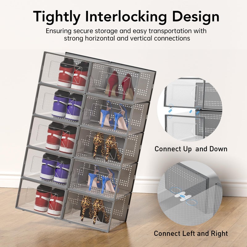 Foluck X-Large Shoe Storage Box, 15 Pack Clear Plastic Stackable Shoe Organizer for Closet, Interlocking Design Shoe Container Bins for Sneakers, Foldable Shoe Rack with Lids, Gray - Image 4