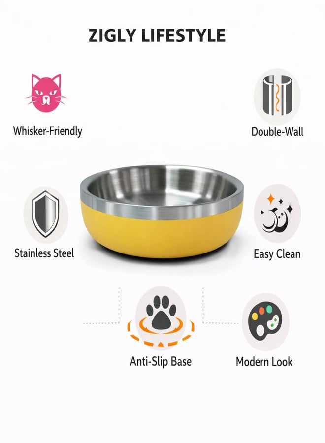 Zigly Lifestyle Meow Dish Double-Walled Cat Bowl - Whisker-Friendly, Anti-Slip Feeding Bowl for Cats, Yellow - Image 2