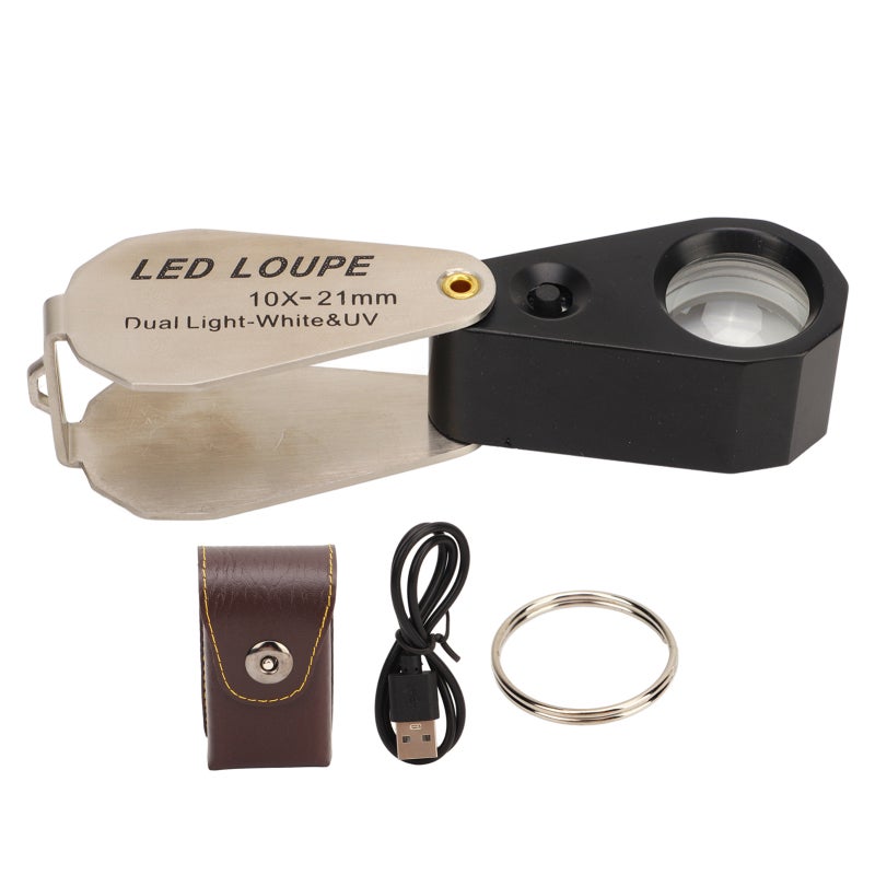 10X Jewelers Loupe 21mm Optical Glass Lens 2-In-1 Magnifier - 6 LED Lights 6 UV Lights Pocket-Size Forgery Detector for Jewelry Inspection Coin Collecting Hobbyists - Image 1