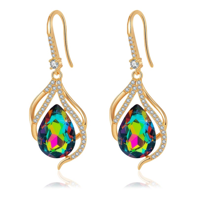 EVEVIC Austrian Crystal Hollow Teardrop Halo Drop Dangle Earrings for Women 14K Rose Gold Plated Hypoallergenic Jewelry (Vitrail Medium) - Image 1