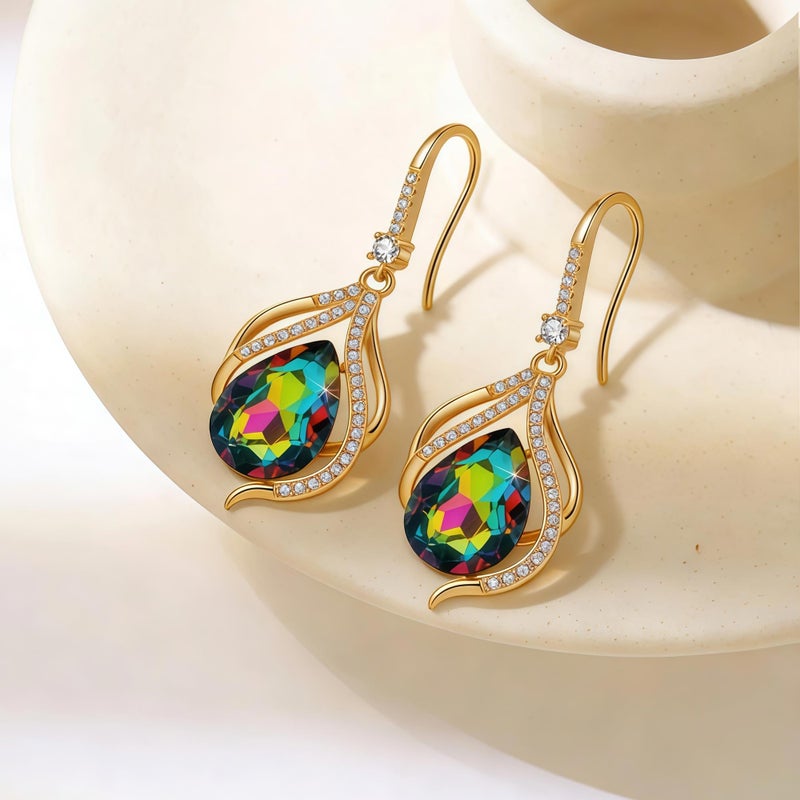 EVEVIC Austrian Crystal Hollow Teardrop Halo Drop Dangle Earrings for Women 14K Rose Gold Plated Hypoallergenic Jewelry (Vitrail Medium) - Image 3