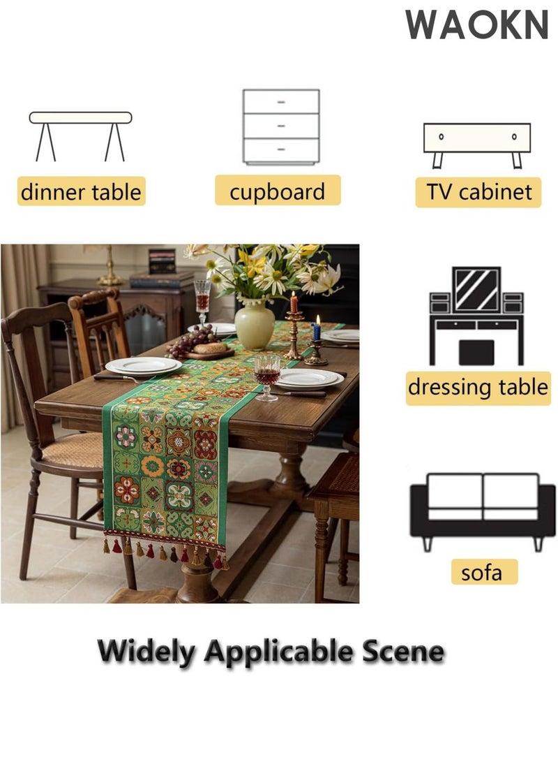 دبليو أيه أو كي أن مفرش طاولة عربي عتيق فاخر - تصميم زهور بيزلي بطول 48 بوصة، مناسب لديكور الطعام/الزفاف/رمضان/العيد | قماش قطني فاخر بحواف مزينة بالشراشيب | لون أخضر مزهر 13×48 بوصة | أناقة منزلية شرق أوسطية - Image 2