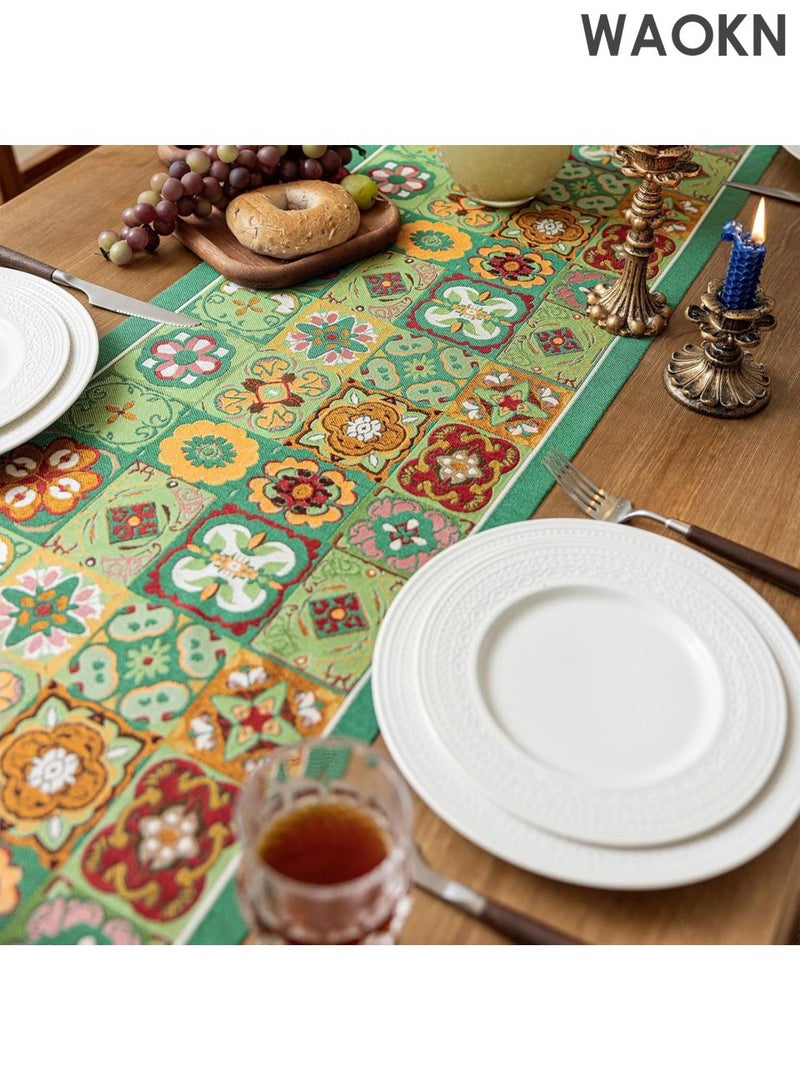 دبليو أيه أو كي أن مفرش طاولة عربي عتيق فاخر - تصميم زهور بيزلي بطول 48 بوصة، مناسب لديكور الطعام/الزفاف/رمضان/العيد | قماش قطني فاخر بحواف مزينة بالشراشيب | لون أخضر مزهر 13×48 بوصة | أناقة منزلية شرق أوسطية - Image 3