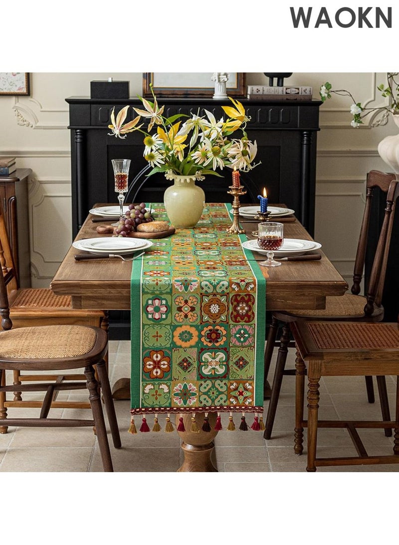 دبليو أيه أو كي أن مفرش طاولة عربي عتيق فاخر - تصميم زهور بيزلي بطول 48 بوصة، مناسب لديكور الطعام/الزفاف/رمضان/العيد | قماش قطني فاخر بحواف مزينة بالشراشيب | لون أخضر مزهر 13×48 بوصة | أناقة منزلية شرق أوسطية - Image 1