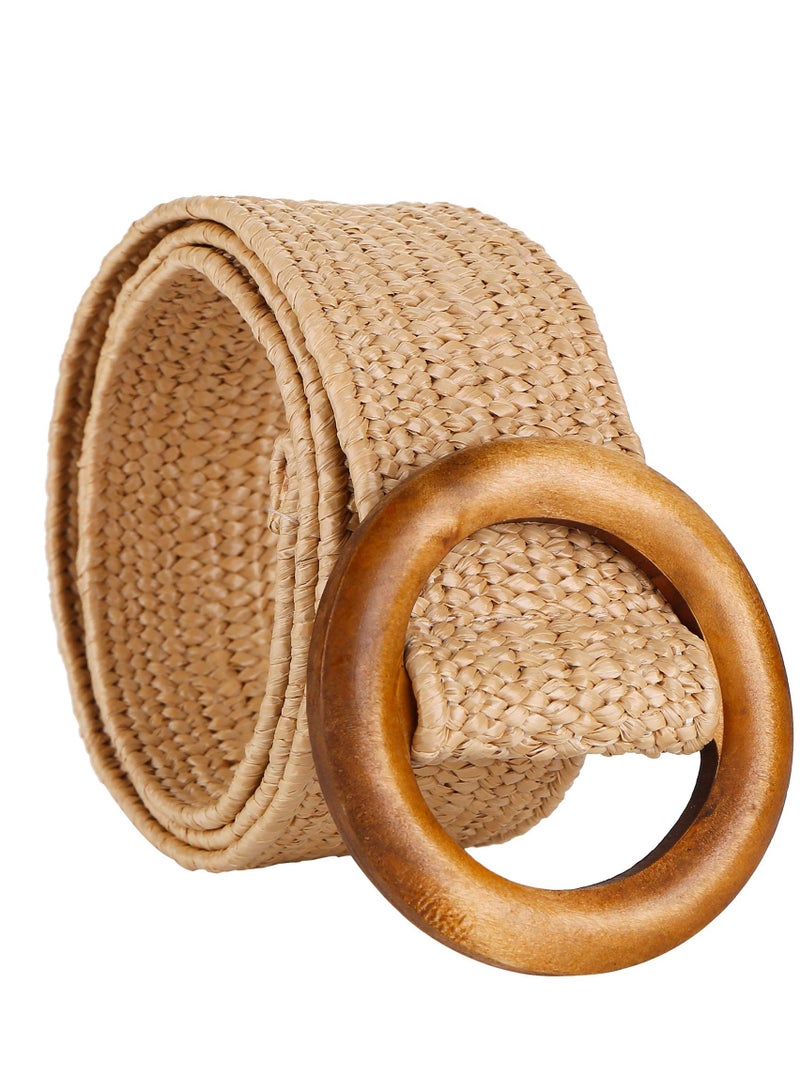 Excefore Women Belt, Women Woven Rattan Wide Stretch Straw Belt, Wooden Buckle Waist Belt, Suitable for dresses, Skirt Decoration, Fashion and Good Looking - Image 1